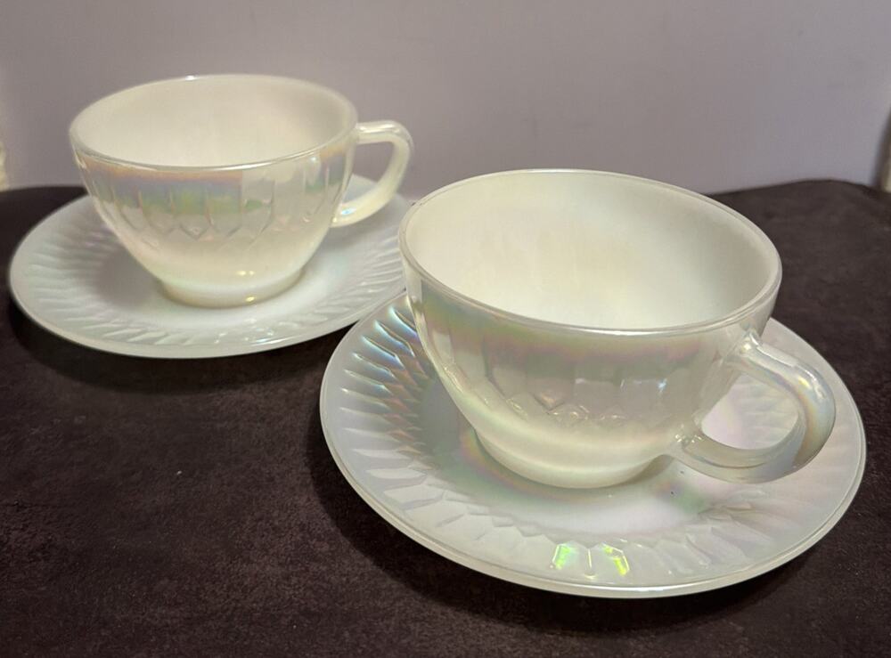 Vintage Federal Glass Moonglow Cups & Saucers Opalescent Iridescent 2 Sets